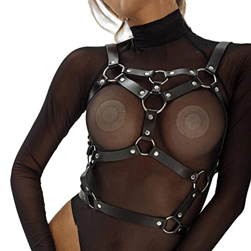 Limmion Damen Sexy Leder Fesselgurt Punk Harness Body Brustgurte Cupless Lingerie BDSM SM Geschirre Brustgurt Gürtel Fetisch Bondage Erotik Reizwäsche Cosplay Party Rave Clubwear Sexy Kleidung von Limmion