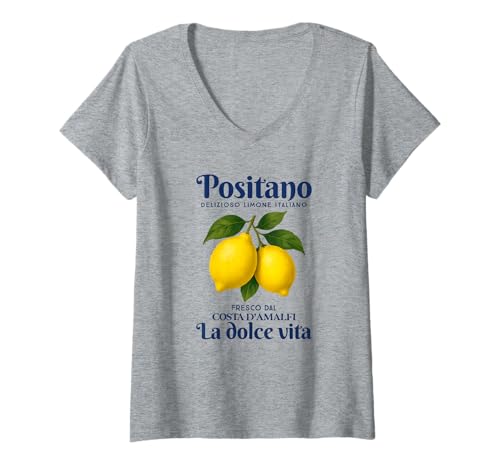 Damen Positano Amalfi Coast Retro Italia Lemon Coastal T-Shirt mit V-Ausschnitt von Limoncello positano amalfi italian design