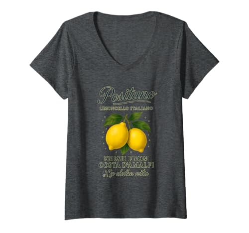 Damen Positano Amalfi Coast Retro Italian Lemons T-Shirt mit V-Ausschnitt von Limoncello positano amalfi italian design