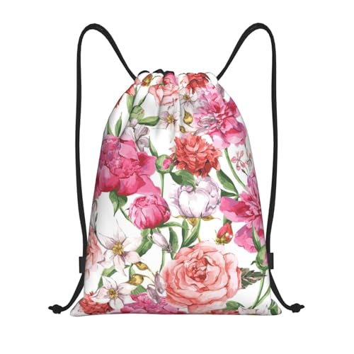 Limpac Sportrucksack mit Pfingstrosen-Druck, Kordelzug, Fitness, Reisen, Strand, Sport, Aufbewahrung für Männer und Frauen, Schwarz , S von Limpac