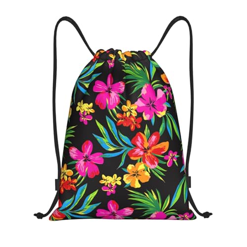 Limpac Turnrucksack, Hawaii-Blumendruck, Kordelzug, Fitness, Reisen, Strand, Sport, Aufbewahrung für Männer und Frauen, Schwarz , M von Limpac