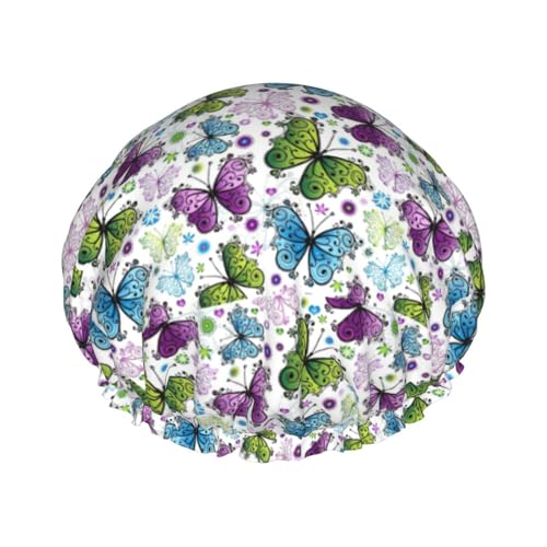 Spring Colorful Butterfly Women Luxury Shower Cap, Double Protection Layers Elastic, Reusable Adjustable Shower Bonnet von Limpac