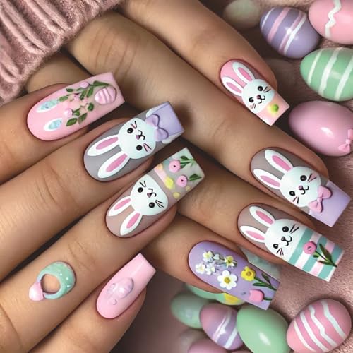 24 Stück Oster-Nägel zum Aufdrücken, quadratische künstliche Nägel, Frühlingsnägel, glänzende Acryl-Nägel für Damen und Mädchen von Limtula