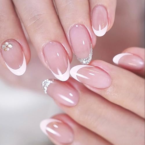 24 Stücke Glänzende Mandel Mandel False Nails Mit Weißen Französischen Spitzen Und Glitzerdesigns Kleben Auf Nägel Für Frauen von Limtula