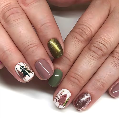 24x Weihnachtsbaum Künstliche Nägel Kurze Kunstnägel Weihnachten Press On Nails Vollständige Abdeckungen Aufklebbare Nägel Für Frauen von Limtula