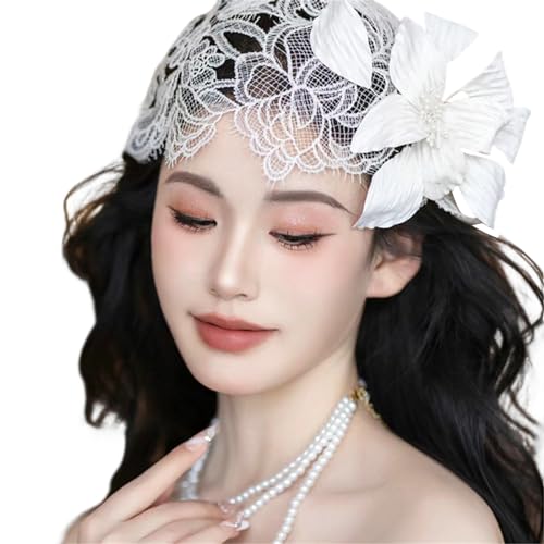 Damen-Fascinator-Hut, Braut, Hochzeit, Schleier, Netz, Spitze, Stirnbänder, Party-Kopfbedeckung, Fascinator, Schleier, Stirnbänder für Frauen, weißes Spitzenhaarband von Limtula