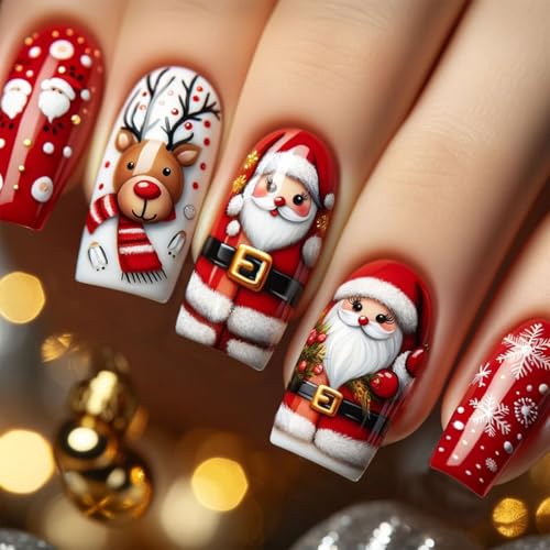 Elks Full Covers Stick On Nails Cartoon Santa False Nails Christmas Press on Nails Snowflake Artificial Nails von Limtula