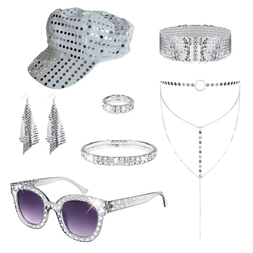 Limtula 1960er 1970er 80er Jahre Diskotheken Zubehör Halloween Kostüm Schmuck Sonnenbrille Pailletten Kappen Ohrringe Neacklace Armbänder Ringe Rockstars Coole Outfits, Einheitsgröße, Wie beschrieben von Limtula