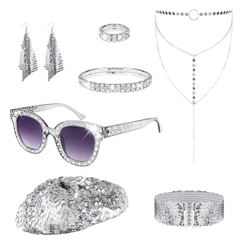 Limtula 1960er 1970er 80er Jahre Diskotheken Zubehör Halloween Kostüm Schmuck Sonnenbrille Pailletten Kappen Ohrringe Neacklace Armbänder Ringe Rockstars Coole Outfits, Einheitsgröße, Wie beschrieben von Limtula