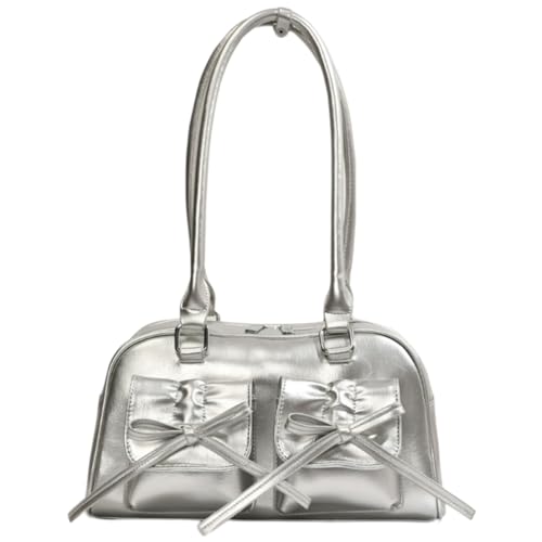 Limtula 2024 Schultertaschen mit Schleife, einfarbig, Achseltasche für Mädchen, Damen, modische Taschen, Lederhandtasche, silber von Limtula