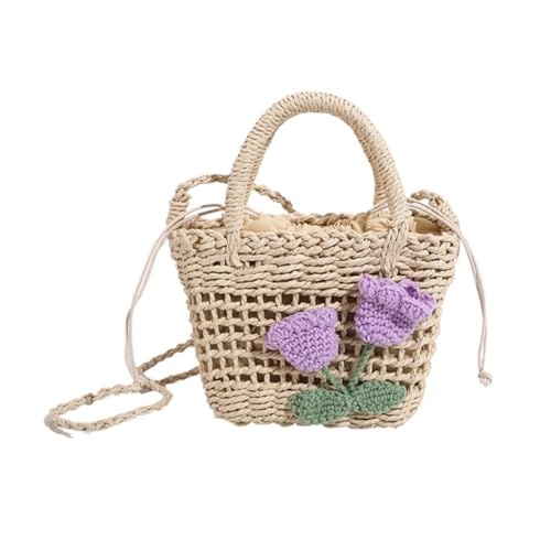 Limtula Damen-Umhängetasche aus Stroh, handgefertigt, kleine Kuriertasche, modische Strandtasche, Handtasche für den täglichen Gebrauch auf Reisen, Violett, Blumenmuster, Beige von Limtula