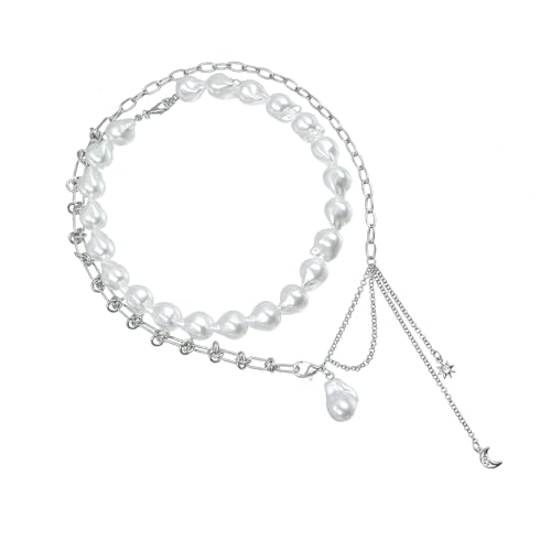 Limtula Halskette mit mehrlagigem Mond-Stern-Anhänger, unregelmäßige Perlen, Schlüsselbeinkette, Accessoire, Schmuck für Damen und Mädchen von Limtula
