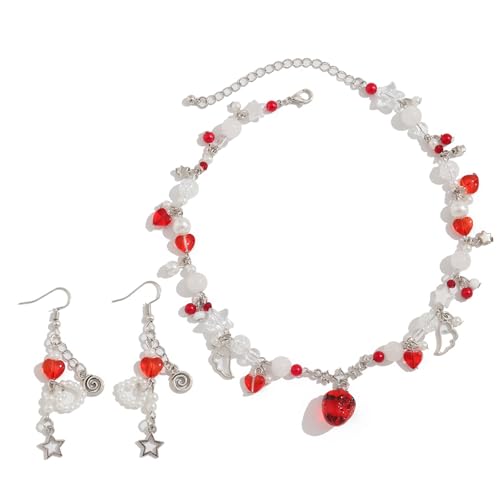 Limtula Schmuck-Set mit Halskette und Ohrringen aus Kunstperlen, Erdbeere/Herz-Anhänger, für legere oder besondere Anlässe von Limtula