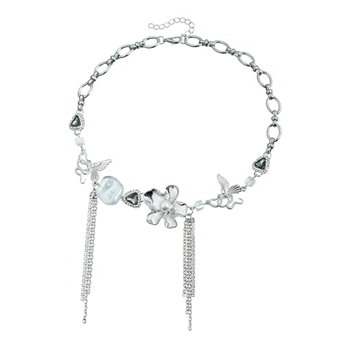 Limtula Silberperlen Schmetterlingsblume Chokers Halskette Verstellbares Design Mit Tassels Schlüsselbeinkette Für Frauen Und Teenager Mädchen Romantik Halskette von Limtula