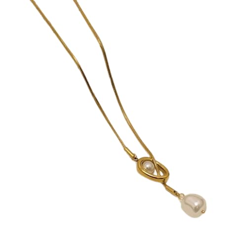 Limtula Stabile verstellbare Messing-Kette mit Barock-Perlen-Anhänger, lange Halskette für Damen, modische Pulloverkette, Schmuck-Accessoire von Limtula