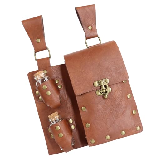 Mittelalterliche Leder Seitentasche mit 2 Korken Trank Flaschen Mittelalter Zauberer Hüfttasche Mittelalter Gürteltaschen für Halloween, braun von Limtula