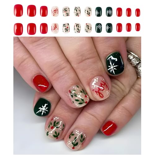 Weihnachten Press On Nails Kurze Quadratische Künstliche Nägel Schneeflocke Vollhüllen Stick On Nails Grüne Falsche Nägel Für Frauen von Limtula