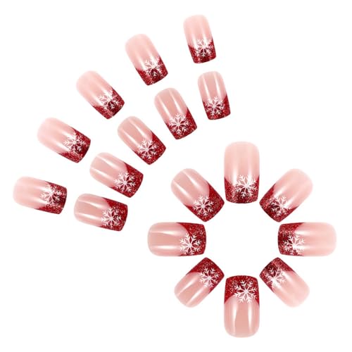 Winter-Nägel zum Aufdrücken, kurz, quadratisch, mit Designs, glänzend, künstliche Nägel, Weihnachten, zum Aufkleben, Acryl-Nägel für Frauen von Limtula