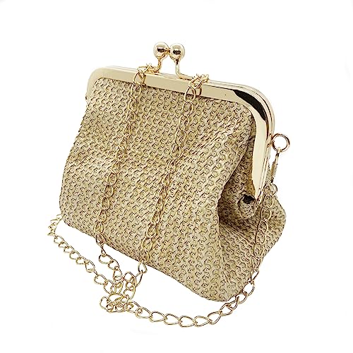 Lin‘s Liliana Damen Clutch Stroh Umhängetasche elegant Abendtasche umweltfreundliche Strandtasche Vintage Handgewebte Schultertasche (Gold) von Lin's Liliana