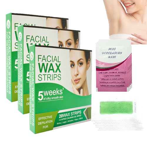 Facial Wax Strips, Easy Wax die Haarentfernung, für Frauen Männer, wirksam für Gesicht, Arme, Lippen, Beine zurück Achselhöhlen, Aloe-Duft, 20 Gesicht Wachsstreifen, 4 beruhigend Öltücher (3 STÜCKE) von LinBomZony