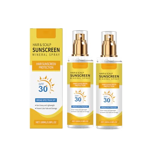 Hair Scalp Sunscreen Spray SPF 30, UV-Schutz für farbbehandeltes, hervorgehobenes Haar, nicht fettender, schwereloser Nebel mit Kokosnussöl, gegen verblassende Trockenheit, Beach Pool Daily Use (2PCS) von LinBomZony