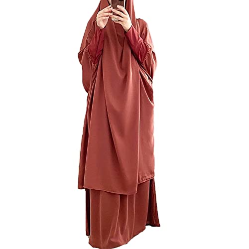 LinKeTop Muslimisches Damenkleid, zweiteiliges Gebetskleid, Maxikleid, Hijab, islamische Abaya, Einheitsgröße, Orange, One size von LinKeTop