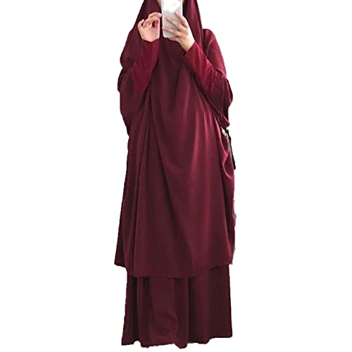 LinKeTop Muslimisches Damenkleid, zweiteiliges Gebets-Maxikleid, Hijab, islamische Abaya, Einheitsgröße, rot, One size von LinKeTop
