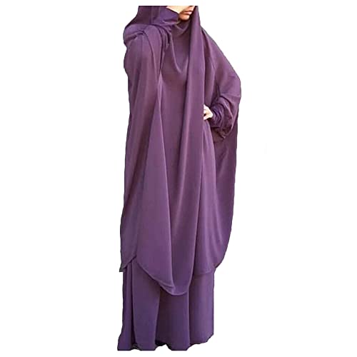 LinKeTop Muslimisches Damenkleid, zweiteiliges Gebets-Maxikleid, Hijab, islamische Abaya, Einheitsgröße, violett, Einheitsgröße von LinKeTop