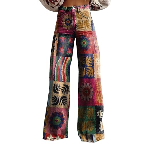 70er Jahre Schlaghose Für Damen – Boho 60er Hose Hippie Blumen High Waist Outfit Disco Kostüm Yogahose Leggings Denimhose Vintage Stickerei Schlagjeans Elegante Bootcut Röhrenjeans Flared Pants von LinRim