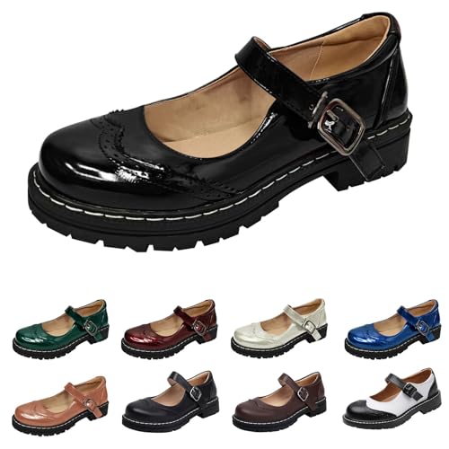 Damen Plattform Mary Janes Schuhe weiches Kunstleder Sweet Toe Knöchel Lolita Gothic Plateau Kleid Pumps Schuhe Chunky Plateauschuhe, Lackleder von LinRim