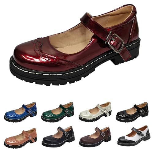 Damen Plattform Mary Janes Schuhe weiches Kunstleder Sweet Toe Knöchel Lolita Gothic Plateau Kleid Pumps Schuhe Chunky Plateauschuhe, Lackleder von LinRim