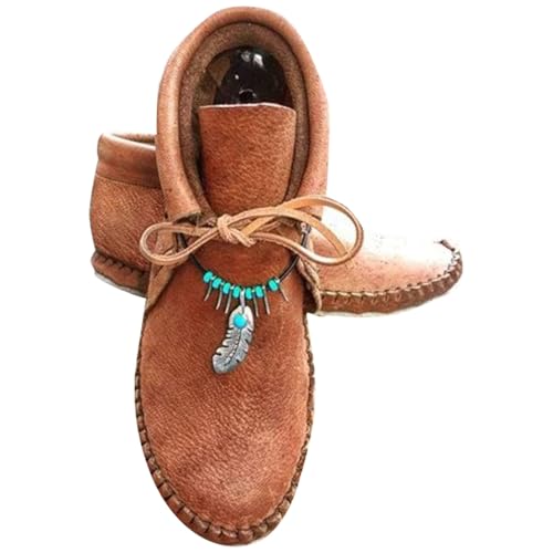 Damen Rindsleder Stiefel mit flachem Absatz Winter Bequeme Runde Spitze Römische Flache Kurze Stiefel Bequeme warme Stiefeletten Lässige kurze Stiefeletten Mokassins flache Lederschuhe von LinRim