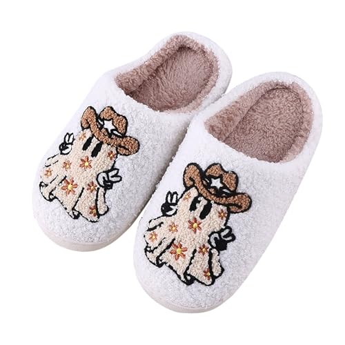 Halloween Hausschuhe Damen Weiche Geister Plüsch Pantoffeln Funny Print Hausschuhe Neuheit Lustige Cartoon Pantoletten Bequem Hauspantoffeln mit Rutschfester Gummisohle drinnen und draußen von LinRim