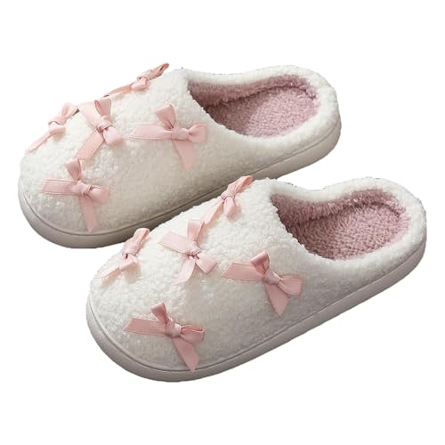Hausschuhe Damen Winter Pantoffeln mit Schleife Warme Fluffy rutschfest Plüschschuhe Schlappen Cartoon Bequem Lustige Weiche Slippers Leichte Rutschfeste Winterhausschuhe von LinRim