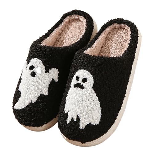 Hausschuhe mit Halloween-Print Damen Herren Weicher Plüsch Retro Winterhausschuhe Frauen Bequeme Warme Pantoffeln Trendiger Slipper drinnen und draußen von LinRim