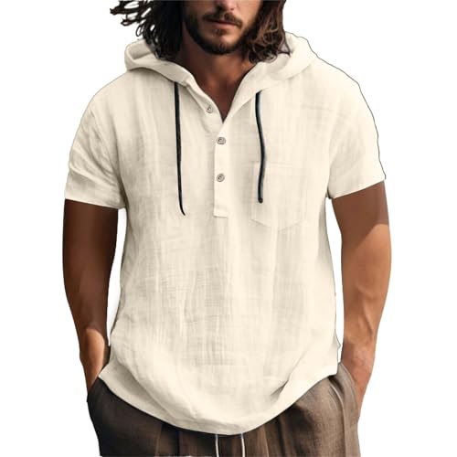Herren Leinenhemd Kurzarm Baumwolle Leinen Shirt Männer Freizeithemd Regular Fit Strand Sommerhemd Hawaii Hemden Sommer Freizeithemden Mit Kapuze Leinen Hoodie Dünn Einfarbig Henley Shirt von LinRim