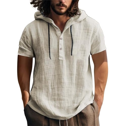 Herren Leinenhemd Kurzarm Baumwolle Leinen Shirt Männer Freizeithemd Regular Fit Strand Sommerhemd Hawaii Hemden Sommer Freizeithemden Mit Kapuze Leinen Hoodie Dünn Einfarbig Henley Shirt von LinRim