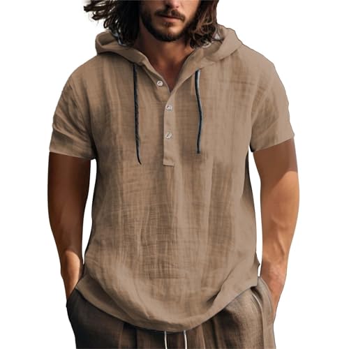 Herren Leinenhemd Kurzarm Baumwolle Leinen Shirt Männer Freizeithemd Regular Fit Strand Sommerhemd Hawaii Hemden Sommer Freizeithemden Mit Kapuze Leinen Hoodie Dünn Einfarbig Henley Shirt von LinRim