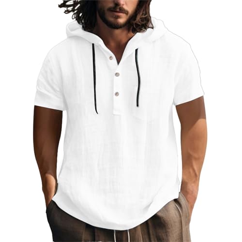 Herren Leinenhemd Kurzarm Baumwolle Leinen Shirt Männer Freizeithemd Regular Fit Strand Sommerhemd Hawaii Hemden Sommer Freizeithemden Mit Kapuze Leinen Hoodie Dünn Einfarbig Henley Shirt von LinRim