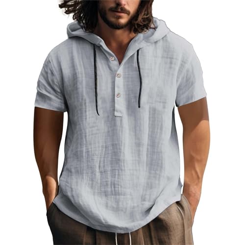 Herren Leinenhemd Kurzarm Baumwolle Leinen Shirt Männer Freizeithemd Regular Fit Strand Sommerhemd Hawaii Hemden Sommer Freizeithemden Mit Kapuze Leinen Hoodie Dünn Einfarbig Henley Shirt von LinRim