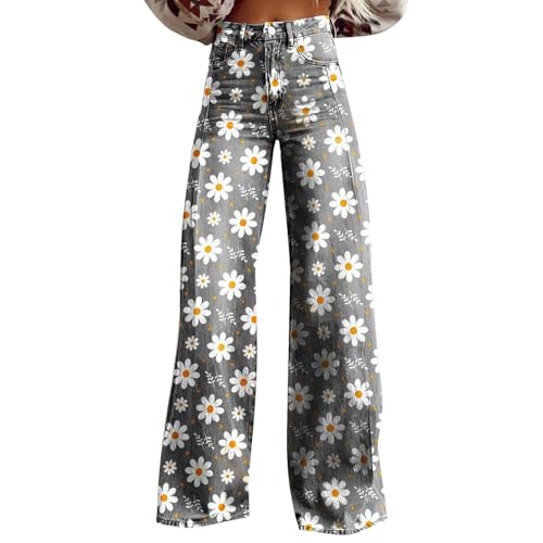 Jeans mit geradem Bein für Damen Boho Strandhose Hippie Blumen Schlaghose Weites Bein Sommerhose Elegant High Waist Bootcut Freizeithose Vintage Boyfriend Jeans Gerade BeinJeanhose von LinRim