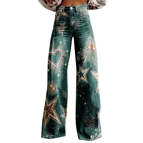 Jeans mit geradem Bein für Damen Boho Strandhose Hippie Blumen Schlaghose Weites Bein Sommerhose Elegant High Waist Bootcut Freizeithose Vintage Boyfriend Jeans Gerade BeinJeanhose von LinRim