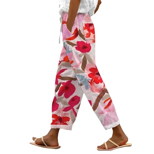 Leinenhose Damen Hose Sommer Musselin Leinen Hosen Stoffhose Freizeithose Gerade Geschnitten Strandhose Bequeme Causal Locker Palazzo Hose Sommerhose mit Taschen von LinRim