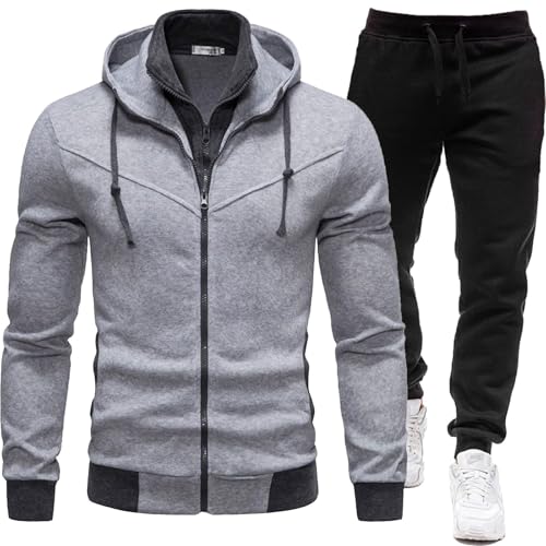 LinRim Herren Trainingsanzug Jogginganzug Outfit Männer Sportanzug Freizeitanzug Jogginghose + Zip Sweatshirt Oberteil Hoodie Streetwear Jogginganzug Herren Set Mit Kapuze Mit Reißverschluss von LinRim