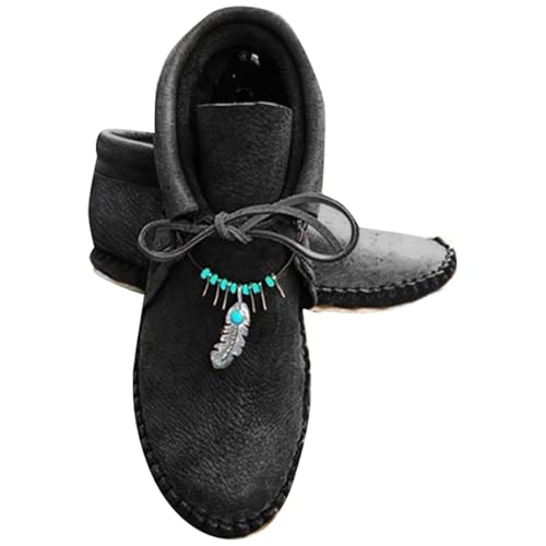 LinRim Mittelalterliche Schuhe für Damen, Wikinger-Retro-PU-Leder, kurze Stiefeletten, Ankle Boots. Fransen Retro-Stil Kurze Stiefel, Flache Schuhe, Halloween-Cosplay-Kostüm von LinRim