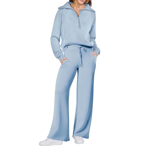 2 Piece Loungewear,Women's 2 Piece Outfits,Oversized Half Zip Pullover Sweatshirts And Wide Leg Pants Tracksuit Sets (DE/NL/SE/PL, Alphanumerisch, L, Regular, Regular, Sky Blue) von LinZong