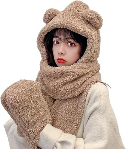 Bear Ear Beanie Hat Scarf, Women Kawaii Bear Ear Beanie Scarf, Winter Outdoor Warm Windproof Thicken Fleece Fuzzy Fluffy Knit Hooded Plush Cap Scarf (One Size, khaki) von LinZong