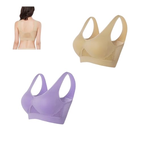 Breathable Cool Lift Up Air Bra, Seamless Wireless Comfort Bra, Plus Size Padded Sport Yoga Bras with Removable Pads (M, Beige+Purple) von LinZong
