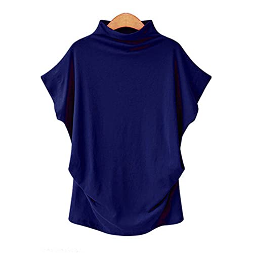 Half Turtleneck Doll Sleeve T-Shirt, Solid Color Mock Neck Dolman Short Sleeve, Dolman Drop-Shoulder Top (DE/NL/SE/PL, Alphanumerisch, 3XL, Regular, Regular, Blue) von LinZong