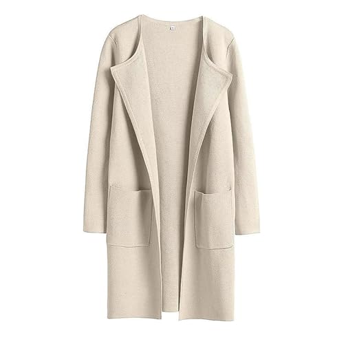 Lapel Classy Coatigan,Women's Long Sleeve Open Front Knit Coats,Solid Classy Sweater Jacket with Pockets (L, Beige) von LinZong